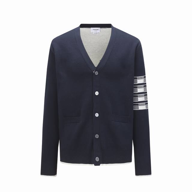 Thom Browne Back Jacquard 4-Stripe V-Neck Knit Cardigan Sweater Unisex Blue Size