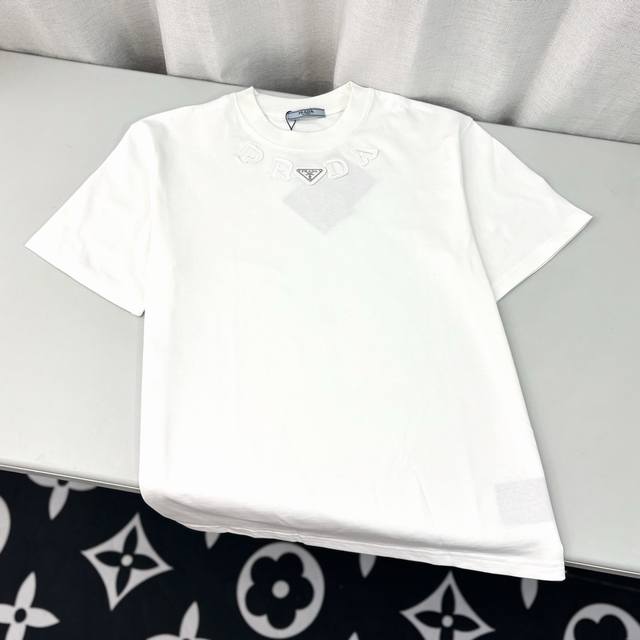 Prada logo patch embroidery triangle iron label heavy craft round neck pullover