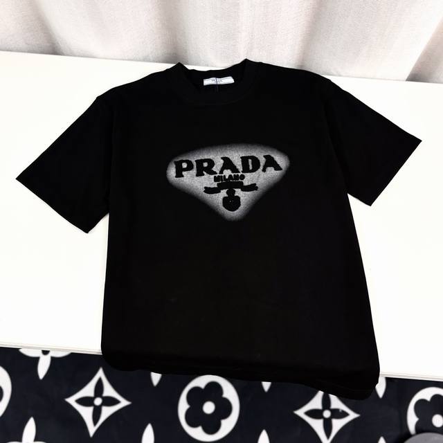 Prada Logo embroidered towel heavy craft round neck pullover short sleeve doubl