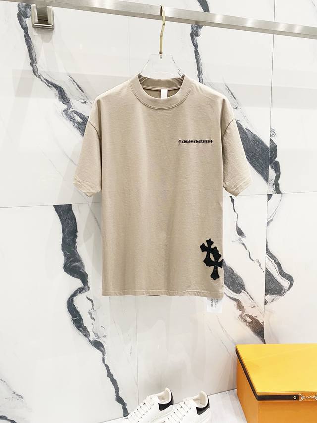 Chrome Hearts 320g washed short-sleeve T-shirt. Embroidered letter logo, leather
