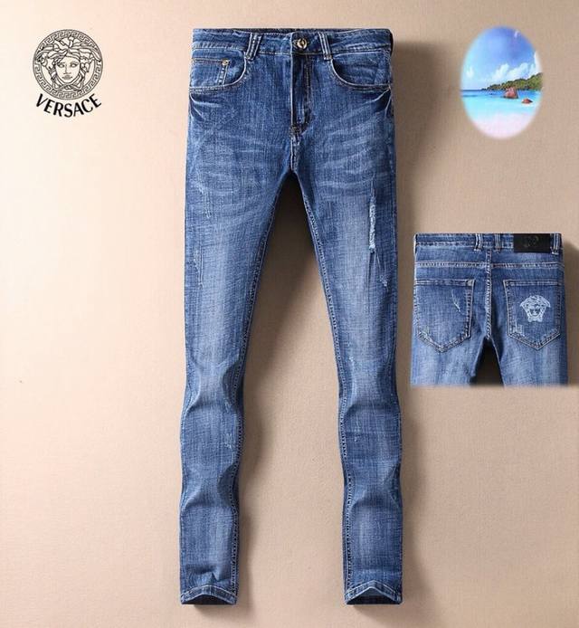 Versace men's new Korean-style denim pants, made from imported fabric that's st