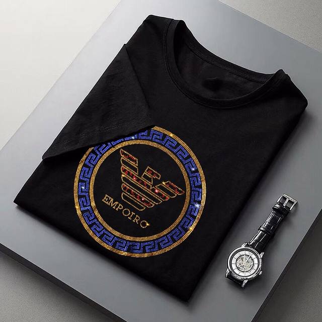 Armani's latest rhinestone short-sleeved crew neck T-shirt (M-4Xl) is a premium