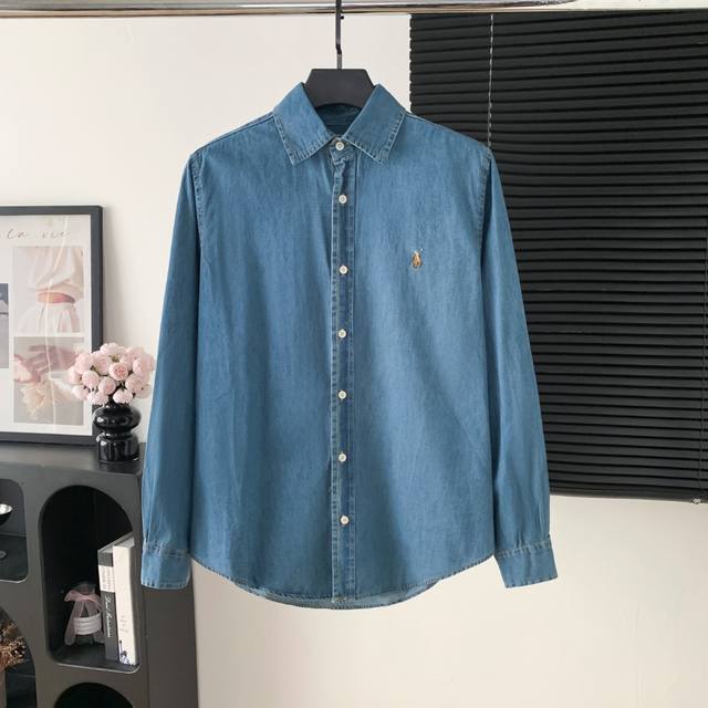 Style: A86 Ralph Lauren small logo embroidered denim shirt Fabric: Custom slub
