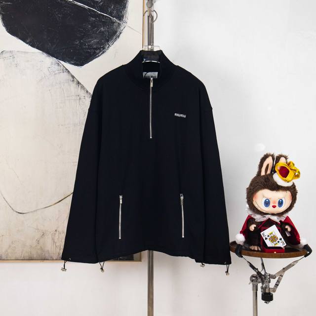 Zp Version [Exclusive] Miumiu Half-Zip Embroidered Sweatshirt Fabric: 380g Terry