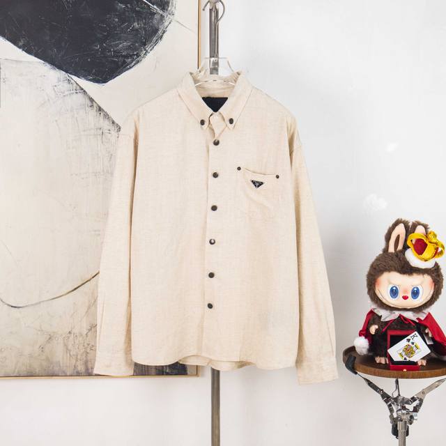 Zp Version [Exclusive] Prada Pocket Steel Label Tencel Linen Cotton Shirt Fabric