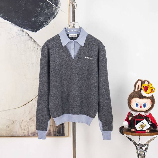 Zp Version [Exclusive] Miumiu jacquard logo mock two-piece knit polo shirt. Fabr