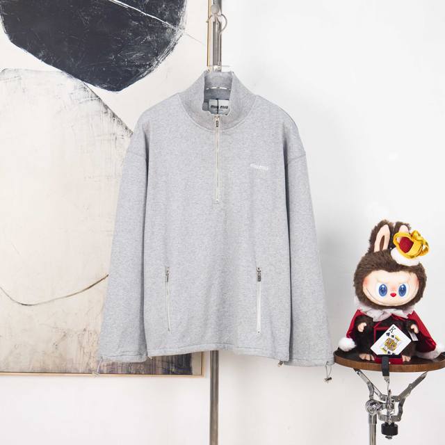 Zp Version [Exclusive] Miumiu Half-Zip Embroidered Sweatshirt Fabric: 380g Terry