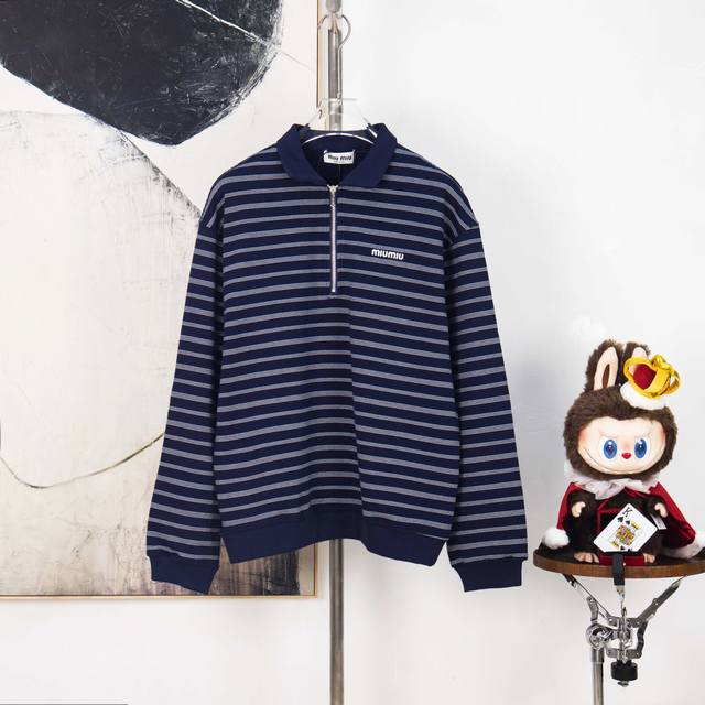 Zp Version [Exclusive] Miumiu Stripe Embroidered Half-Zip Polo ShirtFabric: 60s