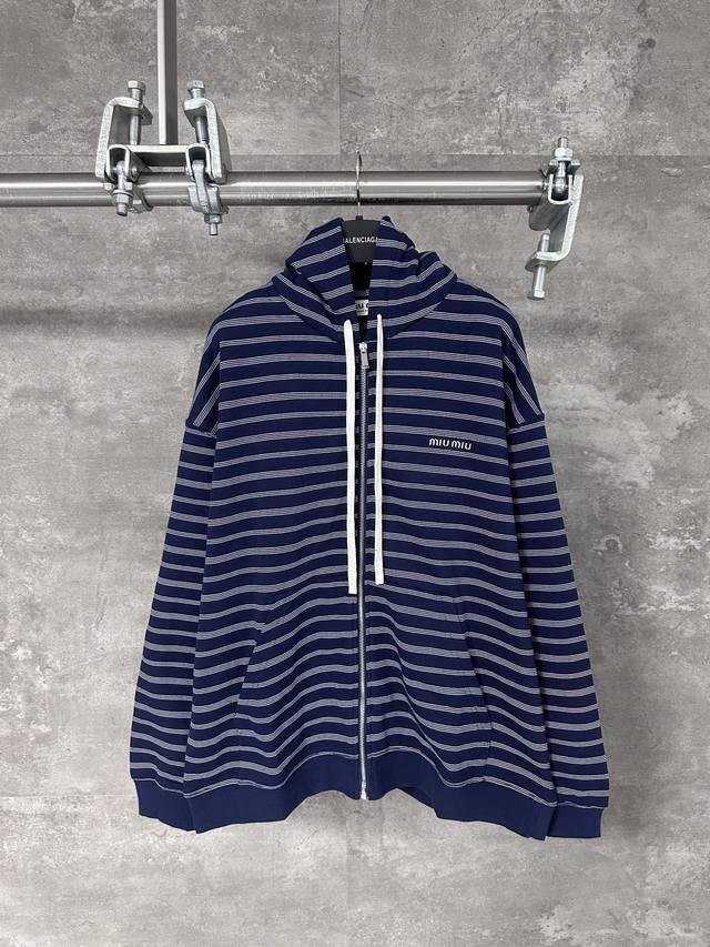 Miumiu Miu Miu 25Ss new striped logo-embroidered hooded zip-up jacket. Made from
