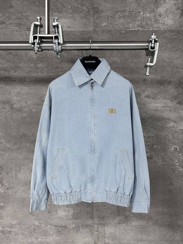 Miumiu Miu Miu 25Ss embroidered logo striped zipper denim blue jacket Unisex Cus