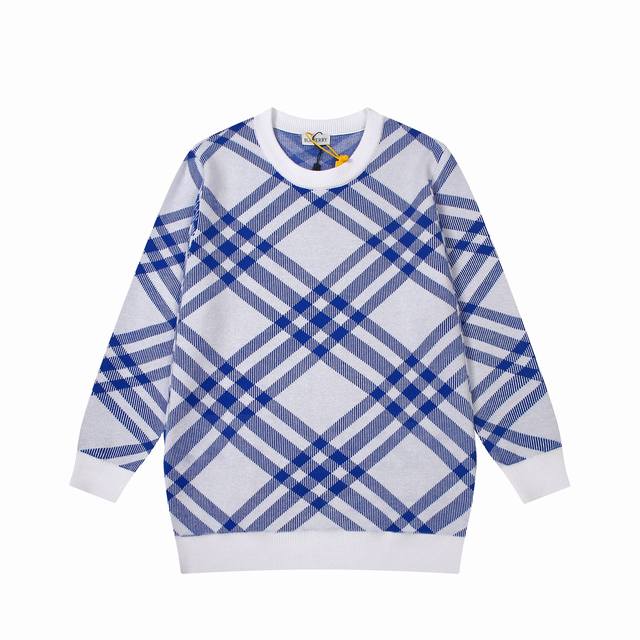 Burberry color-blocked royal blue twill check round neck sweater, unisex style,
