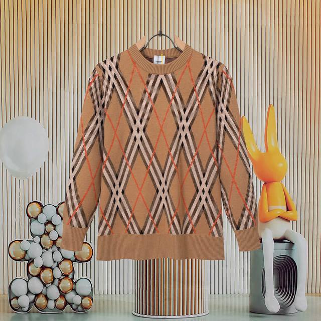 Burberry color-blocked twill check round neck sweater, unisex style, couple's pl