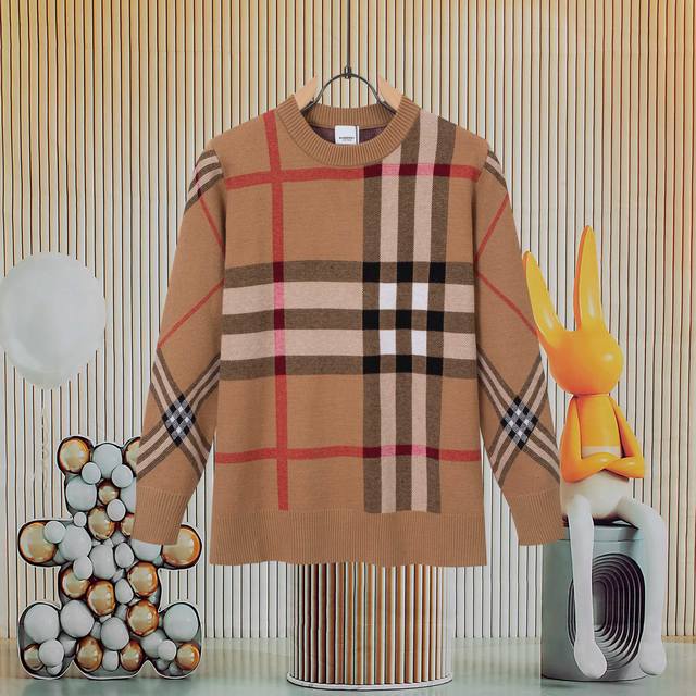 Burberry colorblock plaid round neck sweater, unisex style, plain couple styleAl