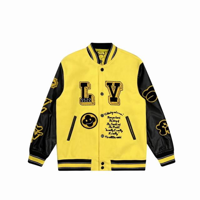 Fw22 Louis Vuitton runway-style yellow baseball jacket with black panther embroi