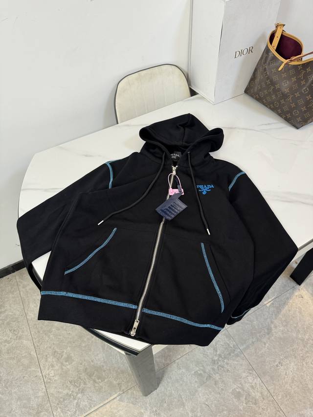 Style number: F07 Prada hooded sweatshirt jacket with embroidered Prada letters