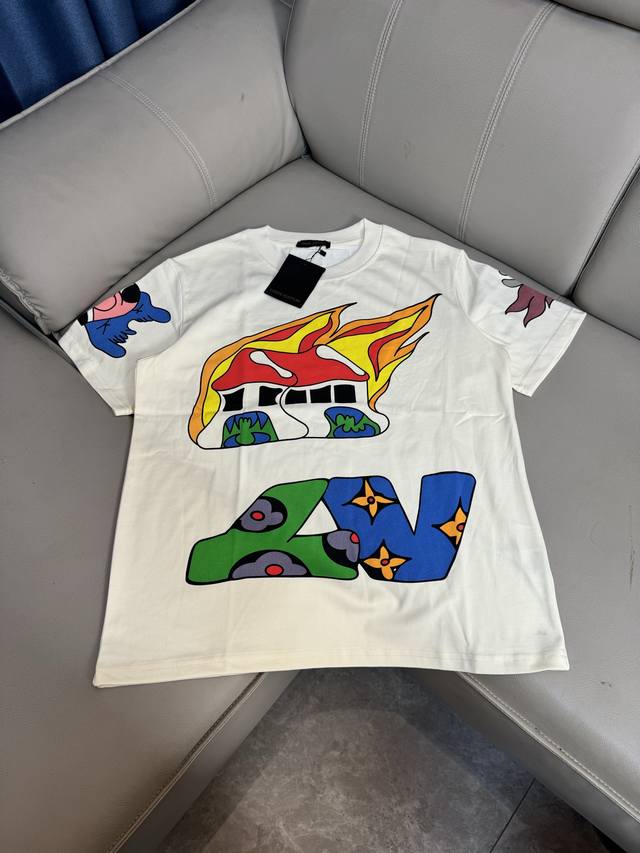 Special price code Lv Louis Vuitton locomotive flame print round neck short slee