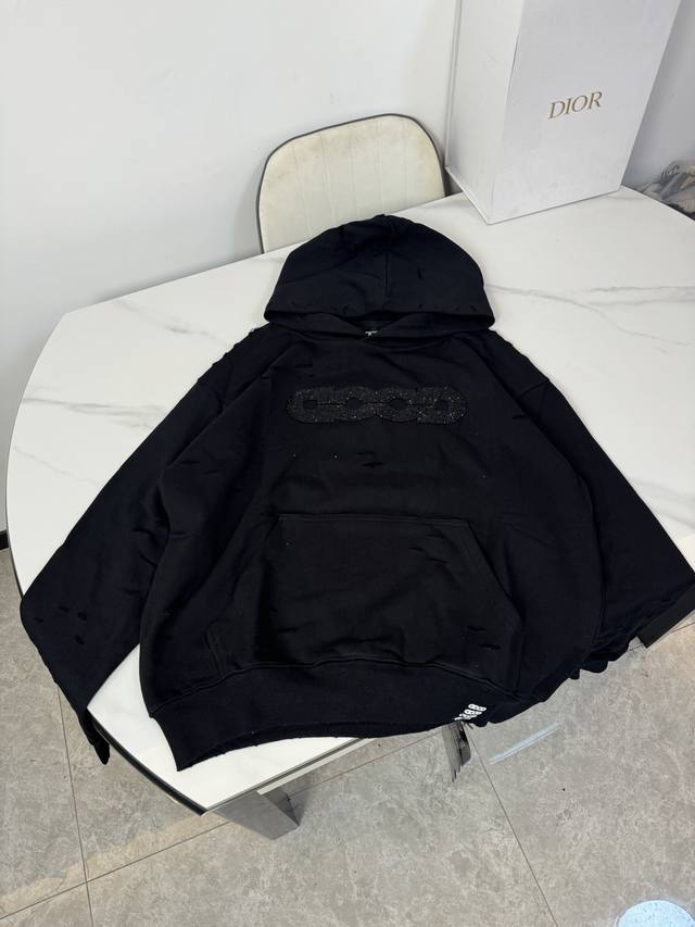 Style number: H012 Goodbrand rhinestone-ripped long-sleeved hooded sweatshirt H