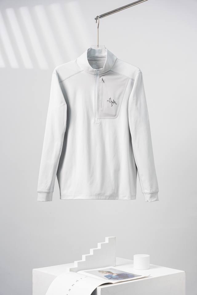 Gray and white Arcteryx Arc'teryx Rho series solid color printed logo half zip l
