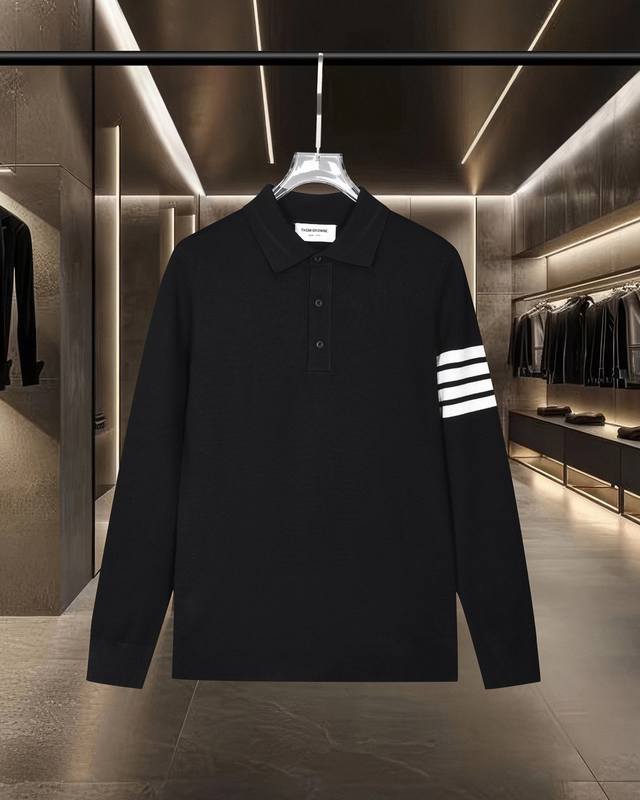 Thom Browne Tb basic classic colorblock four-bar knitted lapel polo sweater. 202