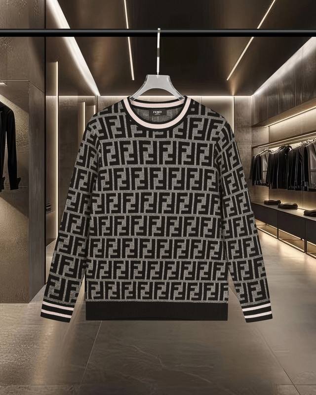 Fendi long-sleeved crew neck sweater with jacquard Ff logo on the side sleeves.