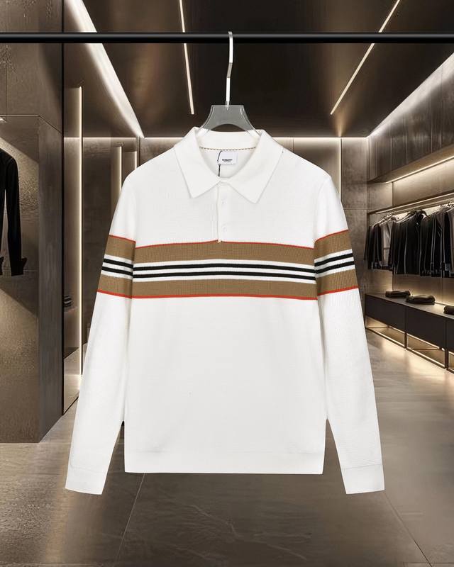 Burberry Bbr classic contrast striped knitted casual long-sleeved polo shirt. 20
