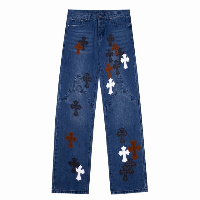 Style number: D341 Chromehearts Chrome washed blue contrast leather patch strai