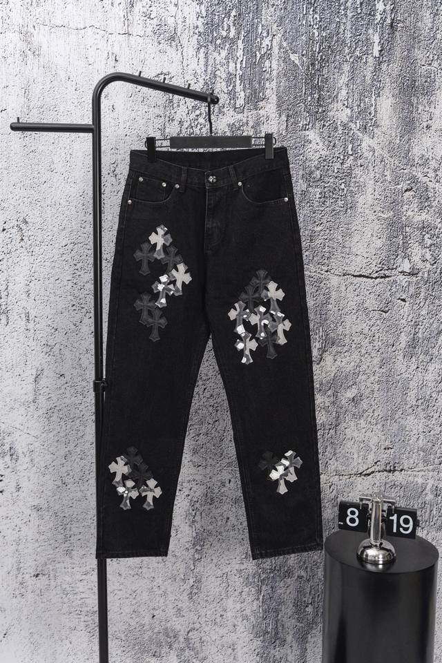 Chrome Hearts new gray and black gradient cross-stitched leather black jeans Vi