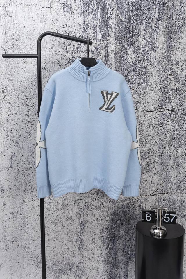 Lv Louis Vuitton classic jacquard-knit wool pullover sweater with a stand-up col