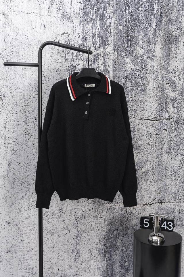 Miu Miu 2025 new polo striped lapel knitted round neck sweater sweaterThe colleg