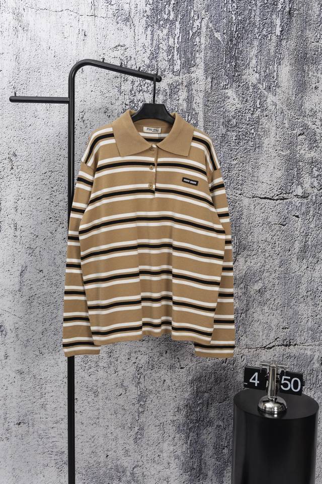 Miu Miu 2025 new embroidered pocket letter striped lapel polo shirt long-sleeved