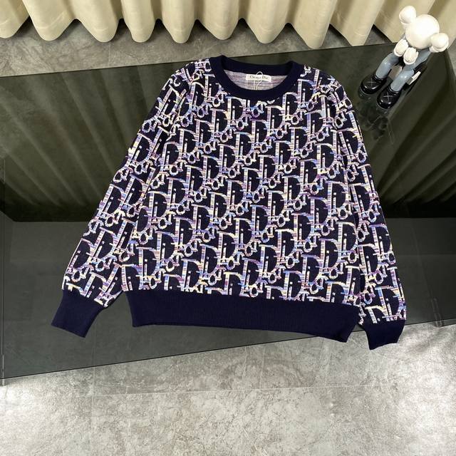 Dior Ss Blue Sheep Wool Jacquard Letter Pullover Crew Neck SweaterThis knitted c