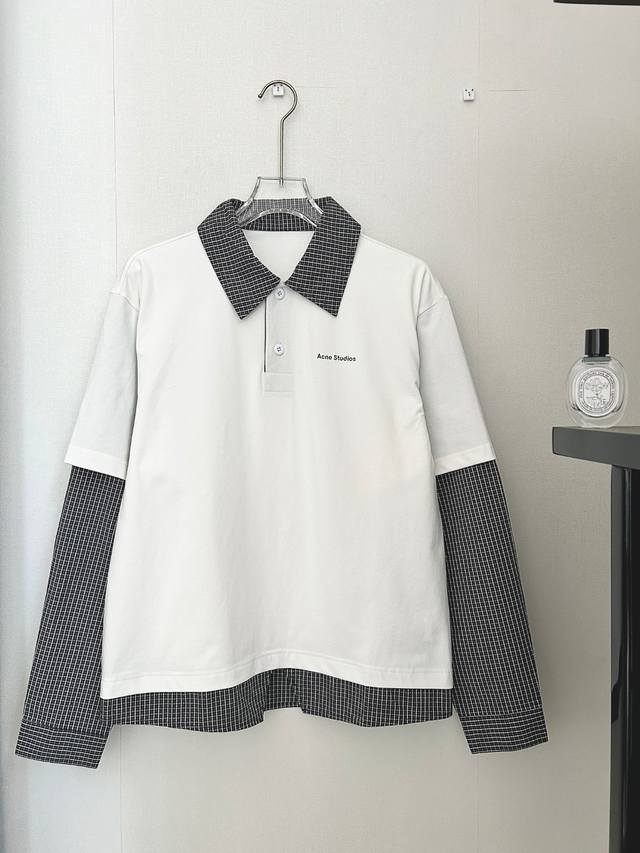 acne Studios Ac Fake Two-Piece Lapel Plaid Splicing Long-Sleeved T-shirt. This s