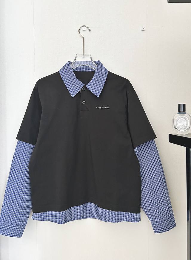 acne Studios Ac Fake Two-Piece Lapel Plaid Splicing Long-Sleeved T-shirt. This s