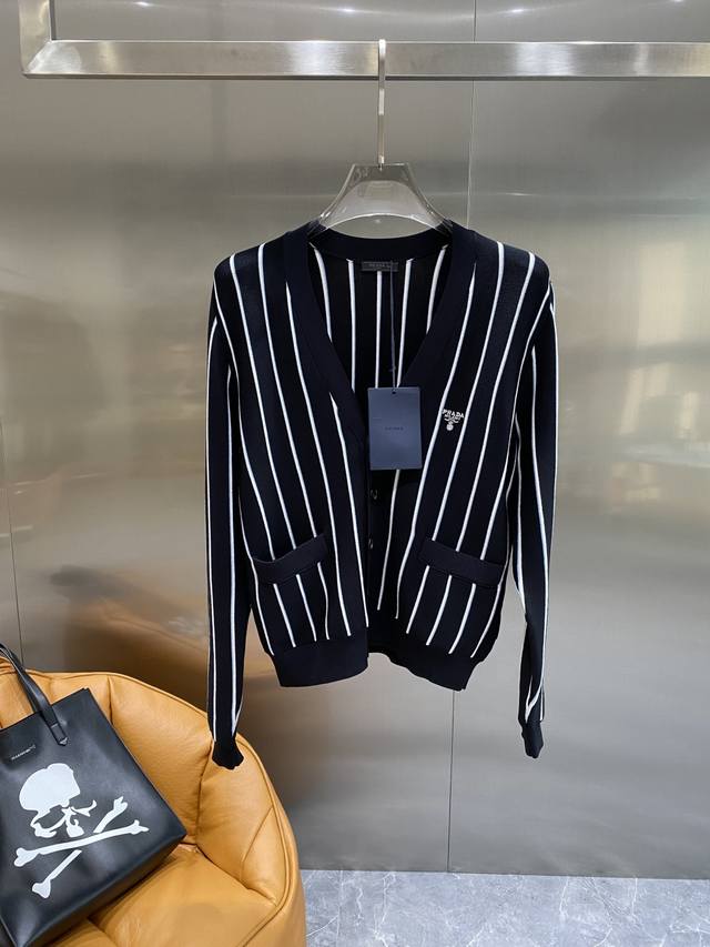 PujiaPrada striped embroidered cardigan sweater, custom-woven from a classic she