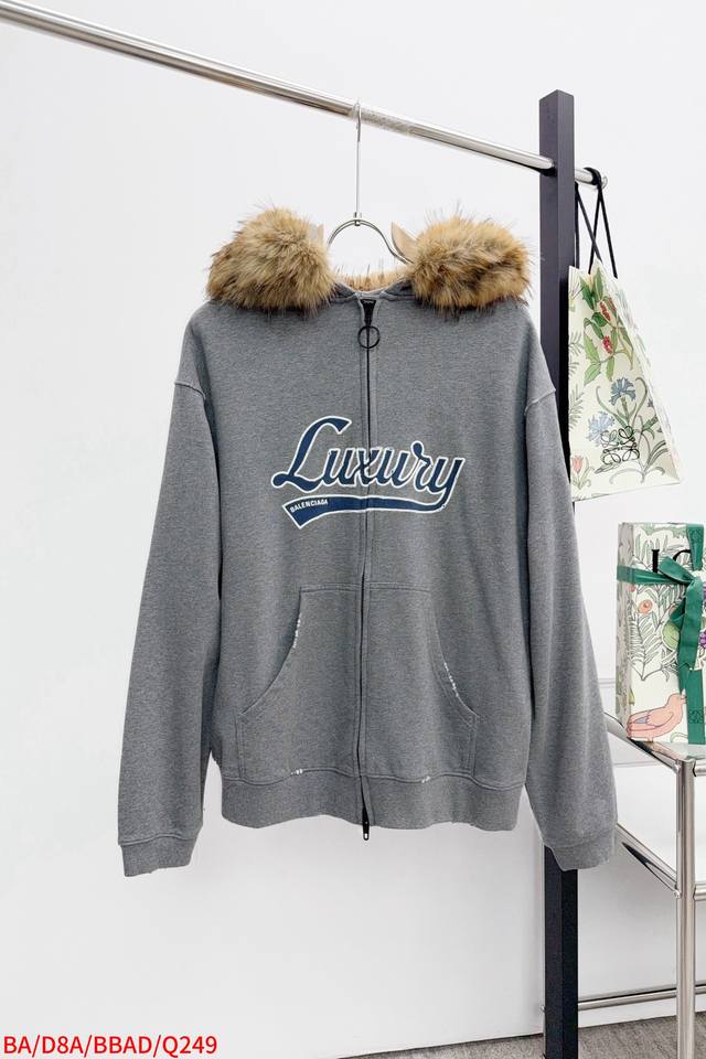 Q249 Ba Balenciaga Paris Blcg Lusury new autumn and winter fur collar zipper hoo