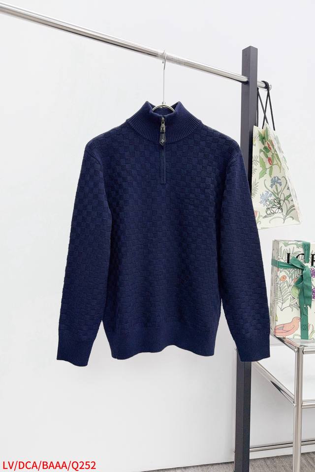 Q252 Louis Vuitton 25Fw Dark Mosaic Checkerboard Half-Zip Knit Pullover Sweater