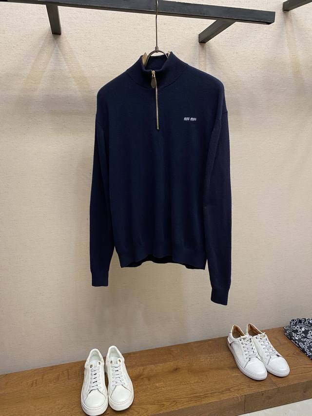 Miu Miu 25 new wool stand collar cardigan Navy blue wool knit fabric Decorated w