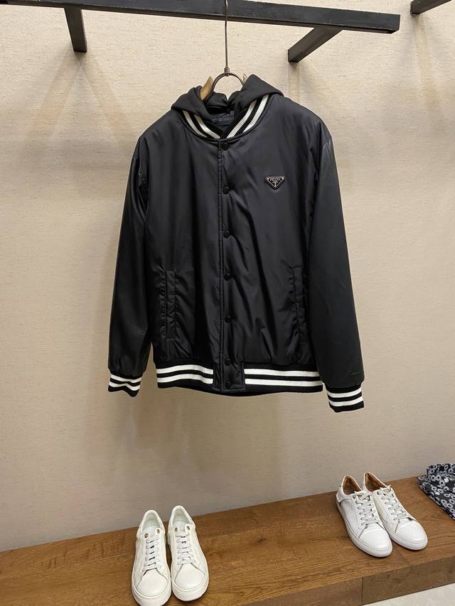 Prada men's baseball-style cotton jacket with detachable cap, sourced from a tra