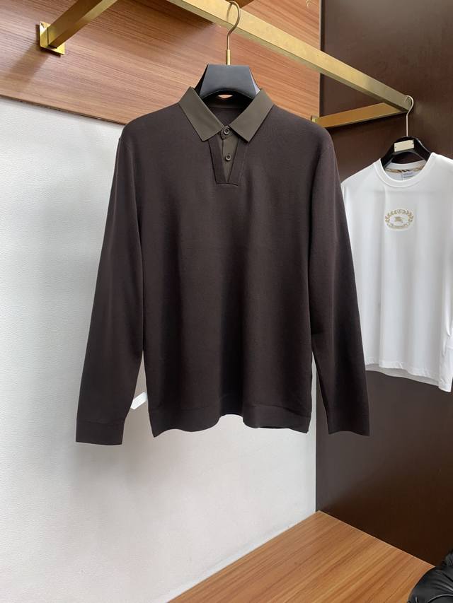 Zegna Men's High-End Simple Shirt Collar Faux Two-Piece Knitted Long-Sleeve Swe