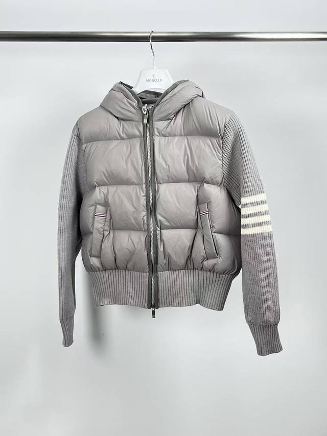 Thombrownet's knitted patchwork four-bar hooded 90% white duck down jacket for w