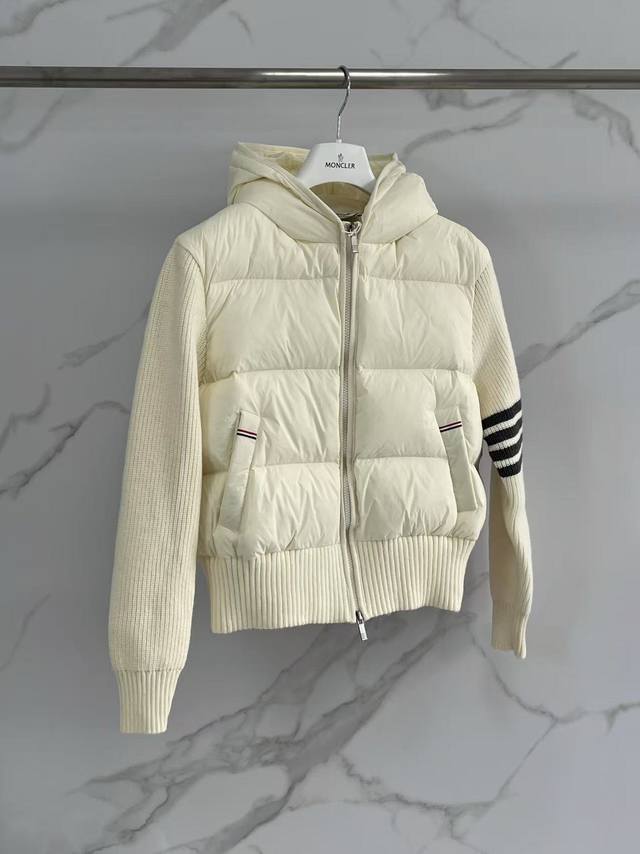 Thombrownet's knitted splicing four-bar hooded 90% white duck down down jacket f