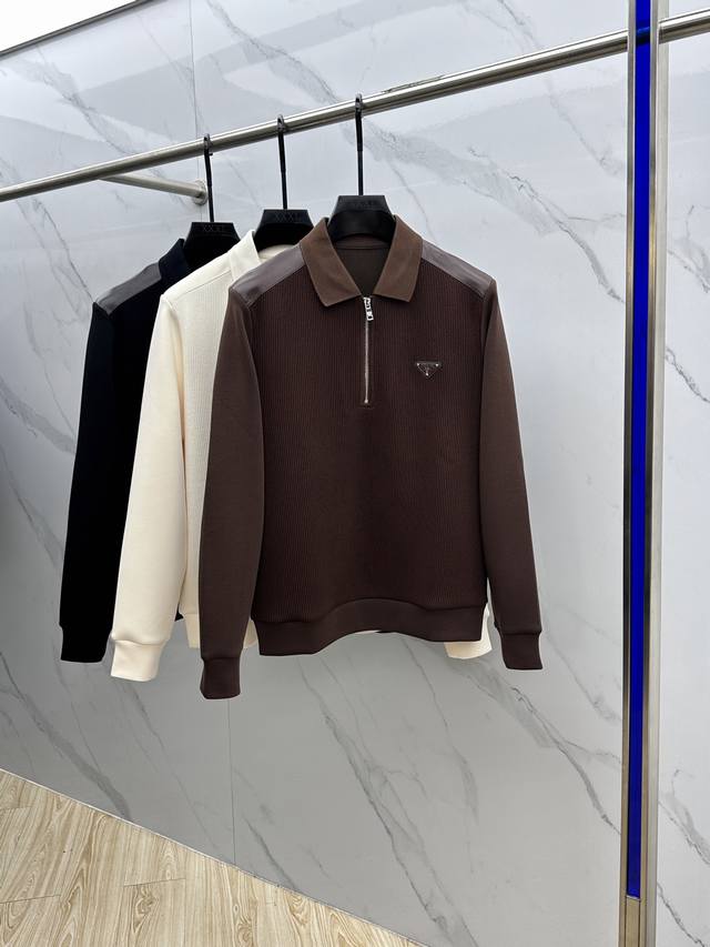 Prada 2025Ss Early Fall new arrival, a lapel, patchwork leather zippered sweats