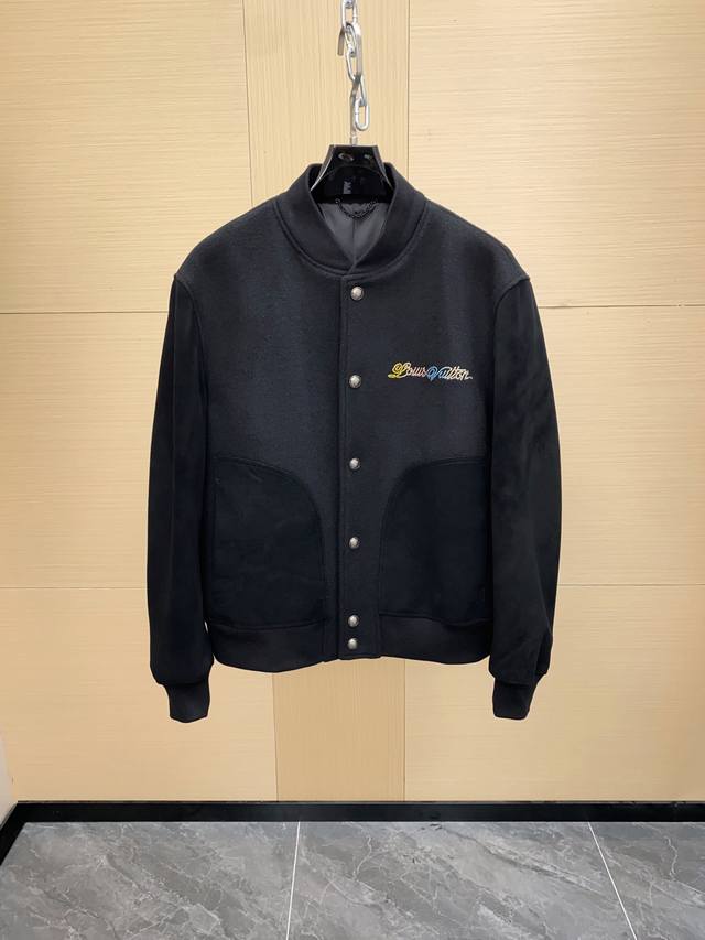 LV 25Ss Men's Belt Jacket Wool-Blend Sheepskin Baseball Jacket Black Varsity Jac