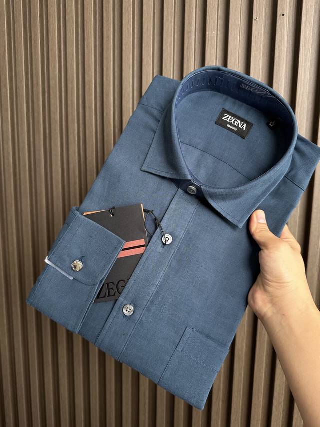 dark blue ~ Zz Zegna 25Fw autumn and winter new half-open button linen shirt |