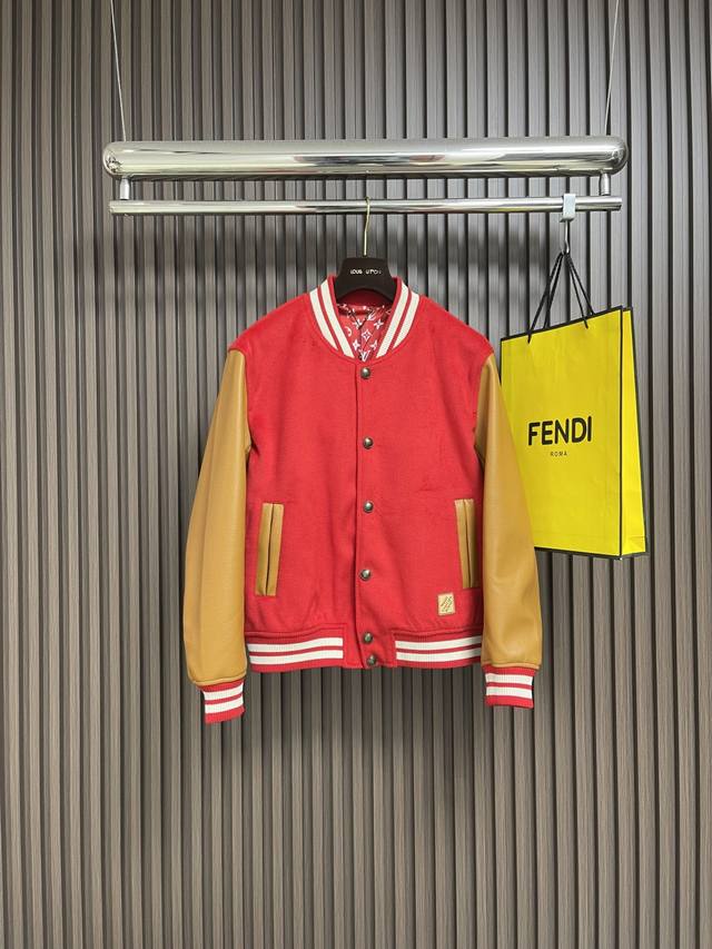 Lv 2025Ss Nigo co-branded wool and leather snap-button baseball jacket. The vibr