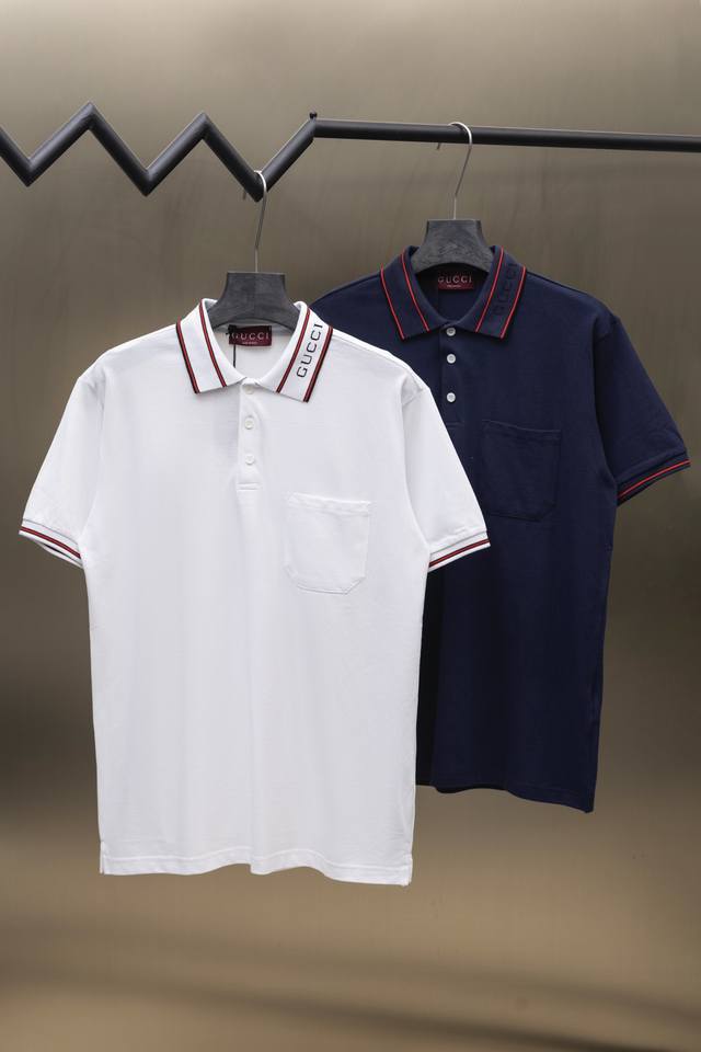 Gucci 25Ss new collar jacquard logo patch pocket polo 230g cotton pique Color: W