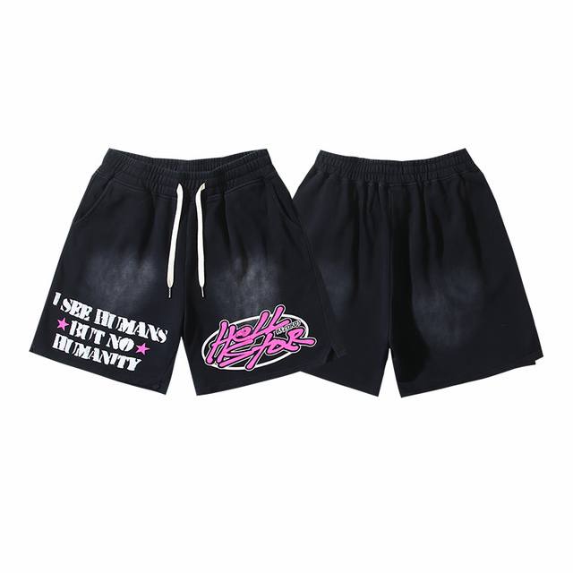 763# Washed Black Real shot Hellstar Hell Star washed distressed casual shorts F
