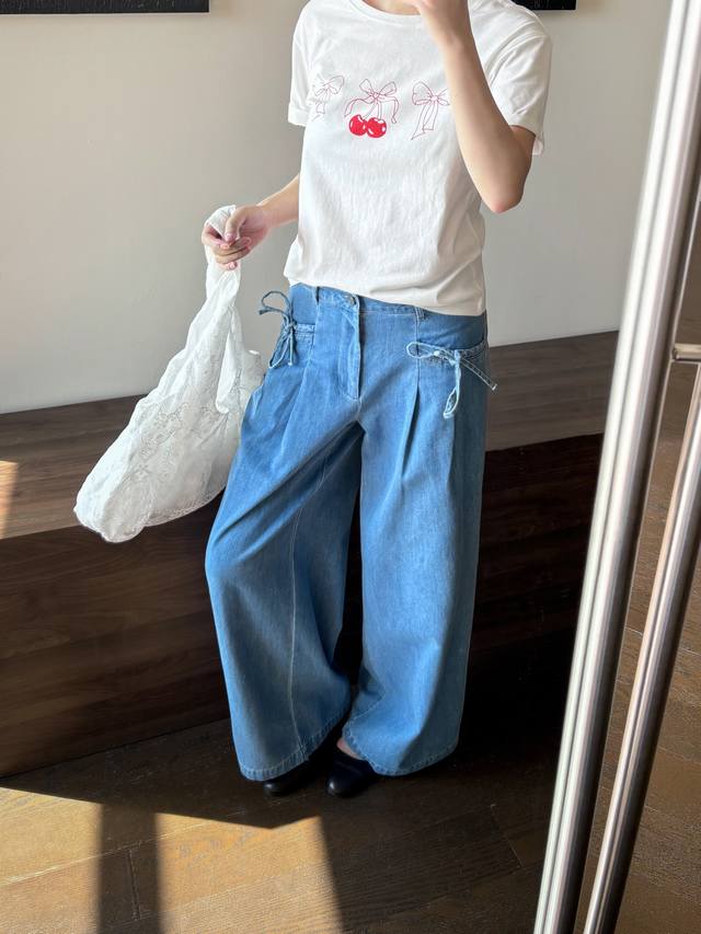 No Name New New Rouje Bow Casual Denim Wide Leg Pants Sml