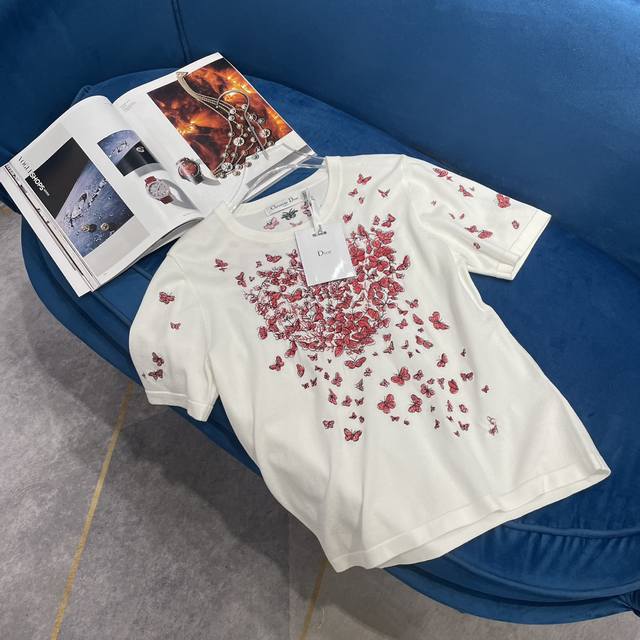 Dio* Early Spring New Arrivals Butterfly Embroidery Pattern Knitted Short Sleeve