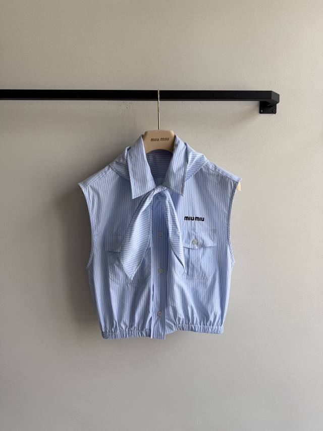 Miumi* 25S new autumn/winter striped scarf and bow tie sleeveless shirt. Origina